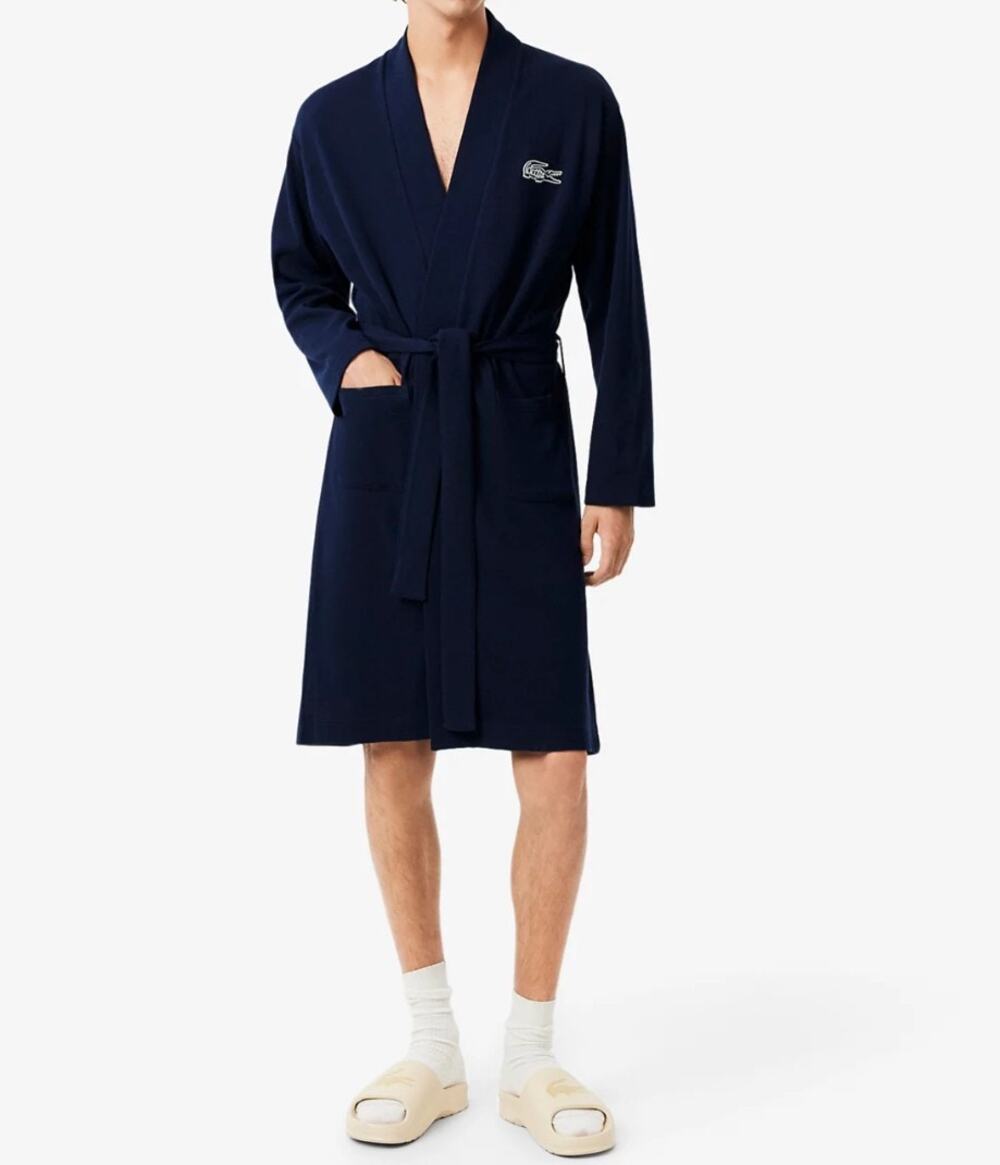 Lacoste Waffle Knit Robe Mens L XL Navy Blue 100% Cotton Bathrobe Belted NWT